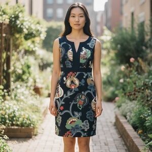 Boden Navy Floral Sleeveless Sheath Dress with Notch Neck Size 8R